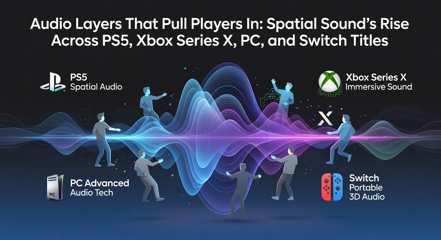 Gamer wearing headphones immersed in a PS5 game world with dynamic spatial audio effects enveloping the scene