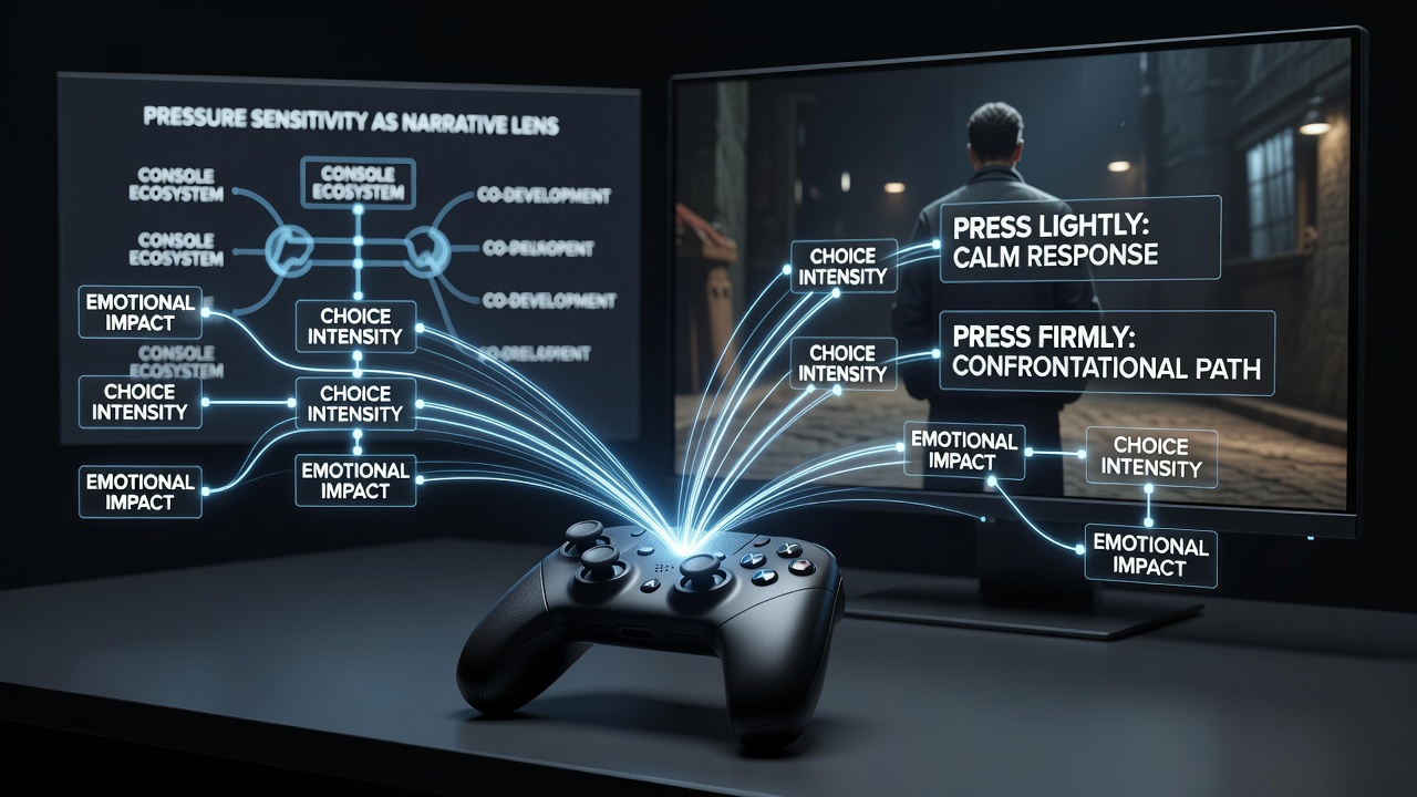 Split view of console controller and PC keyboard setup demonstrating pressure input mapping in a narrative game interface