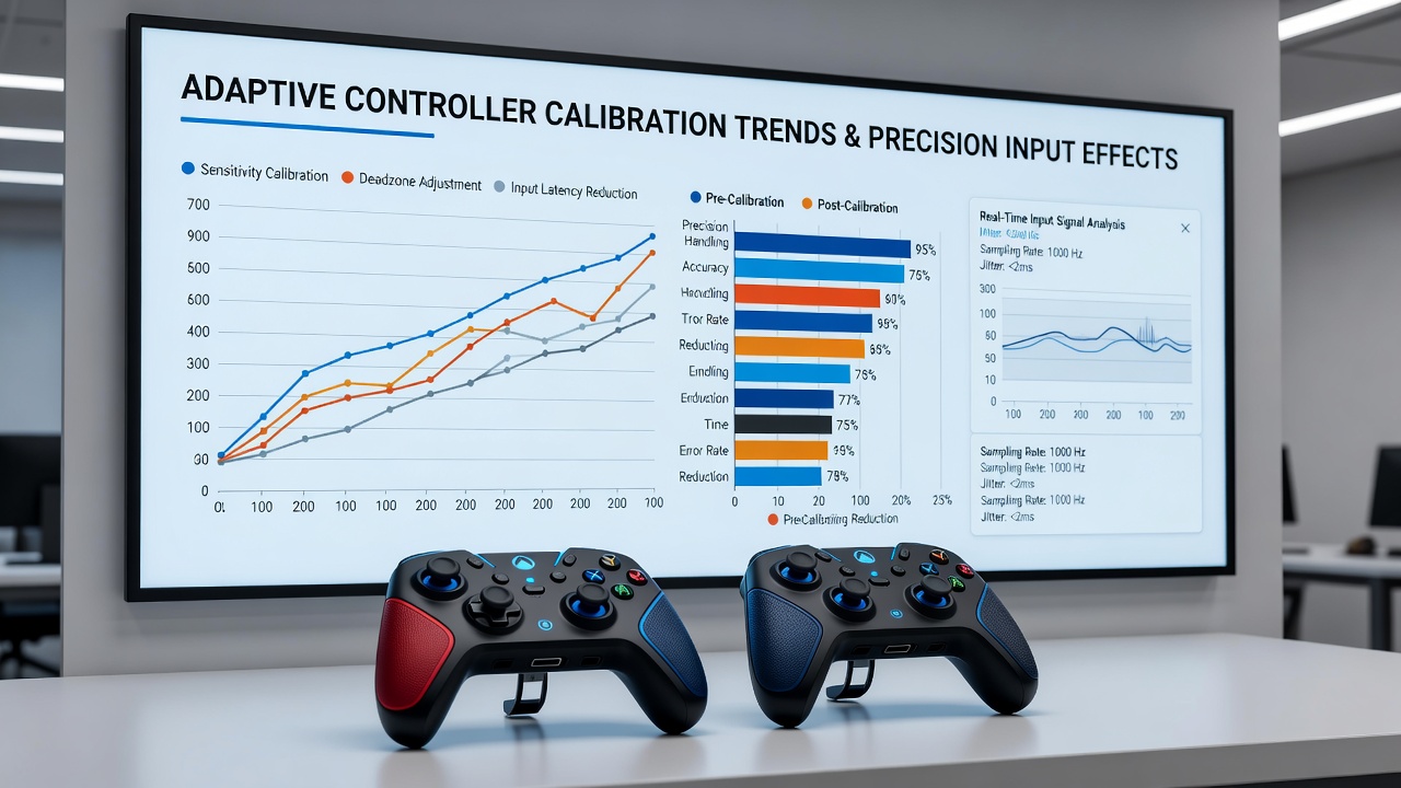 Competitive player testing precision input on hybrid console and PC controller configurations during calibration session