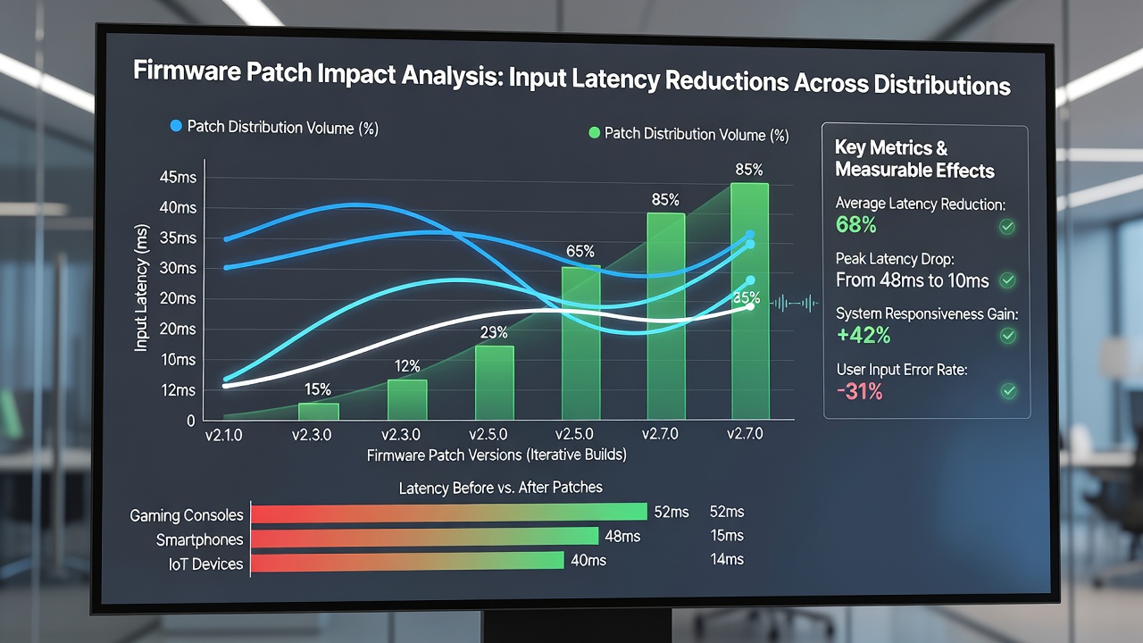 Side-by-side comparison graphs of input latency before and after firmware patches for cross-platform titles on different consoles and PC configurations