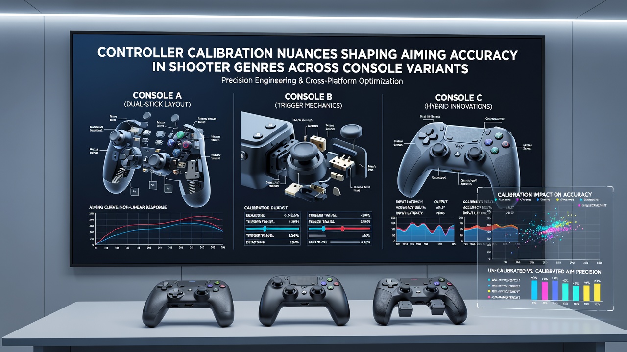Side-by-side comparison of calibration software interfaces for console controllers and desktop mouse settings in a gaming environment