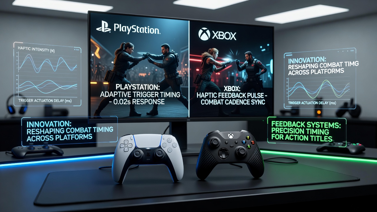 Xbox Series controller showing impulse trigger response during fast-paced combat sequence in a modern action title