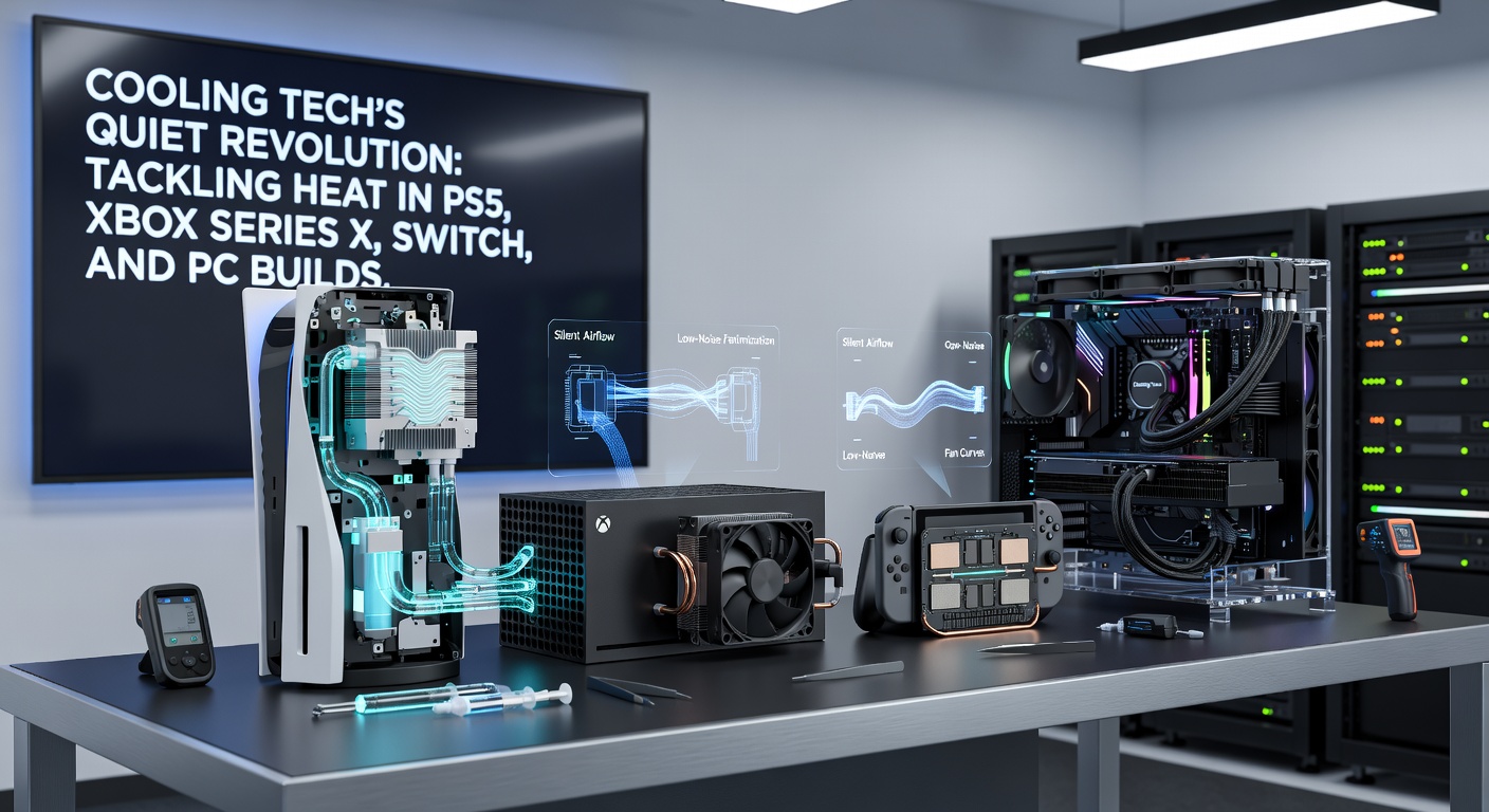 Cutaway view of a PC gaming rig with RGB-lit AIO liquid cooler mounted on CPU, heat pipes glowing under load in a high-end build