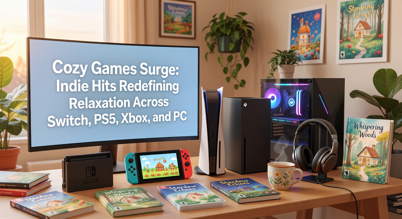 Vibrant collage of cozy indie games showing pixel art farms, serene landscapes, and relaxing gameplay moments on various consoles and PC