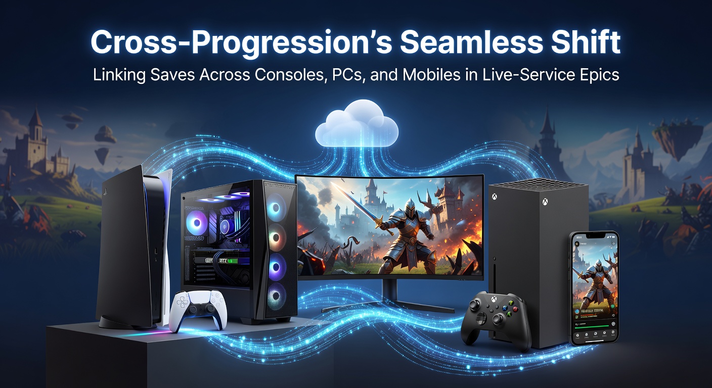 A gamer seamlessly transitioning a character from console to mobile device in a vibrant live-service world, highlighting synchronized progress and inventory