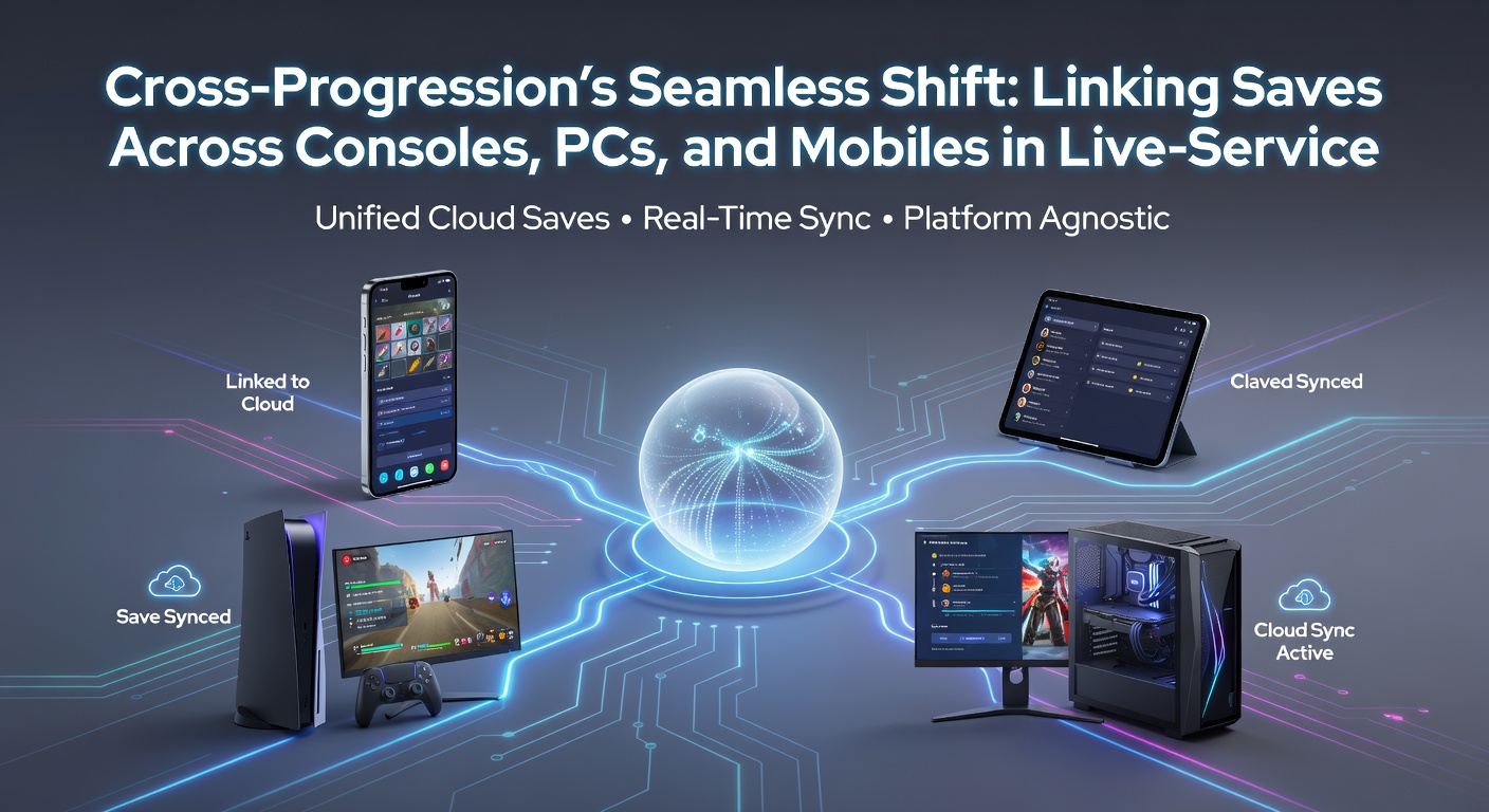 Split-screen view showing identical player progress on PC and console interfaces in a live-service shooter, emphasizing cloud-synced leaderboards and cosmetics