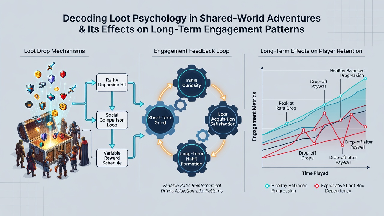Infographic style visualization of loot drop rates and player engagement metrics over multiple months in shared-world games