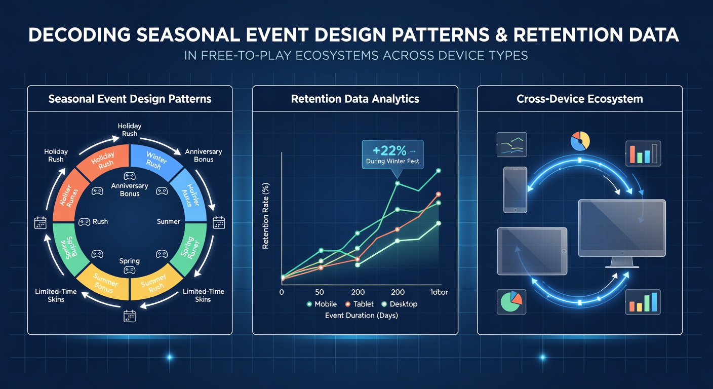 Analysis of seasonal event patterns in free-to-play games showing device-specific retention trends across mobile, PC, and console platforms