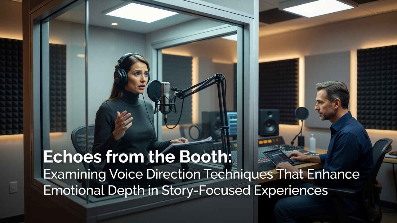 Voice actors in a recording booth collaborating on emotional delivery techniques for narrative games