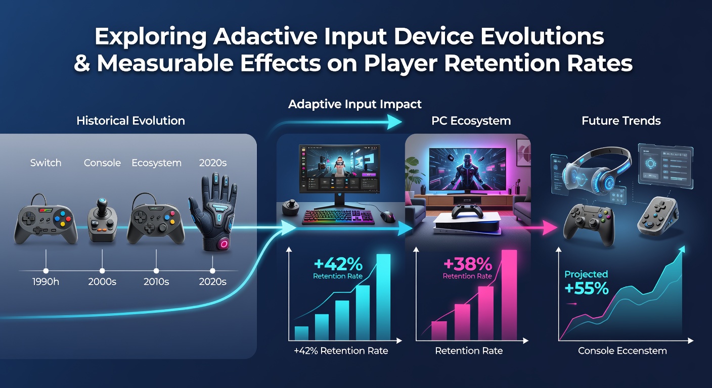 Evolution of adaptive controllers shown side by side with modern console setups and PC peripherals