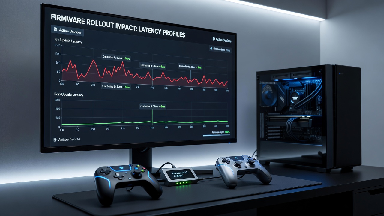 Latency measurement graphs from controller firmware tests across PC and console connections