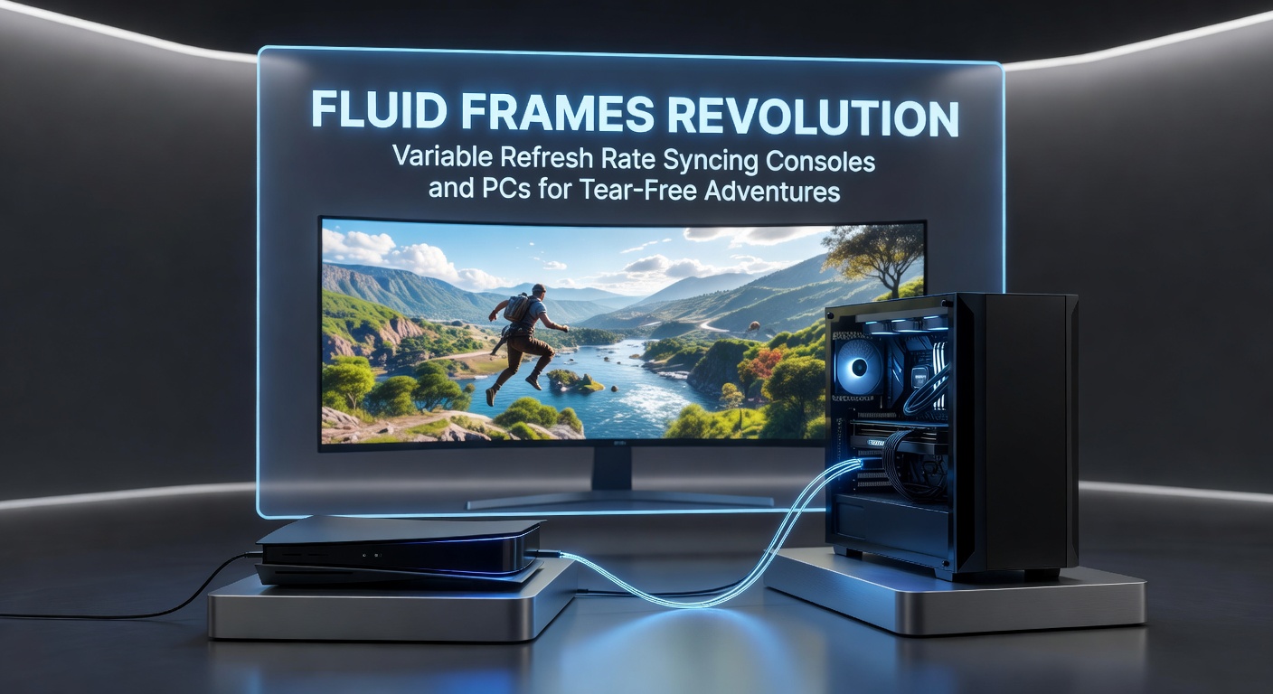 A high-end gaming monitor displaying a fast-paced action scene with smooth, tear-free motion thanks to VRR technology syncing frame rates between console and PC setups