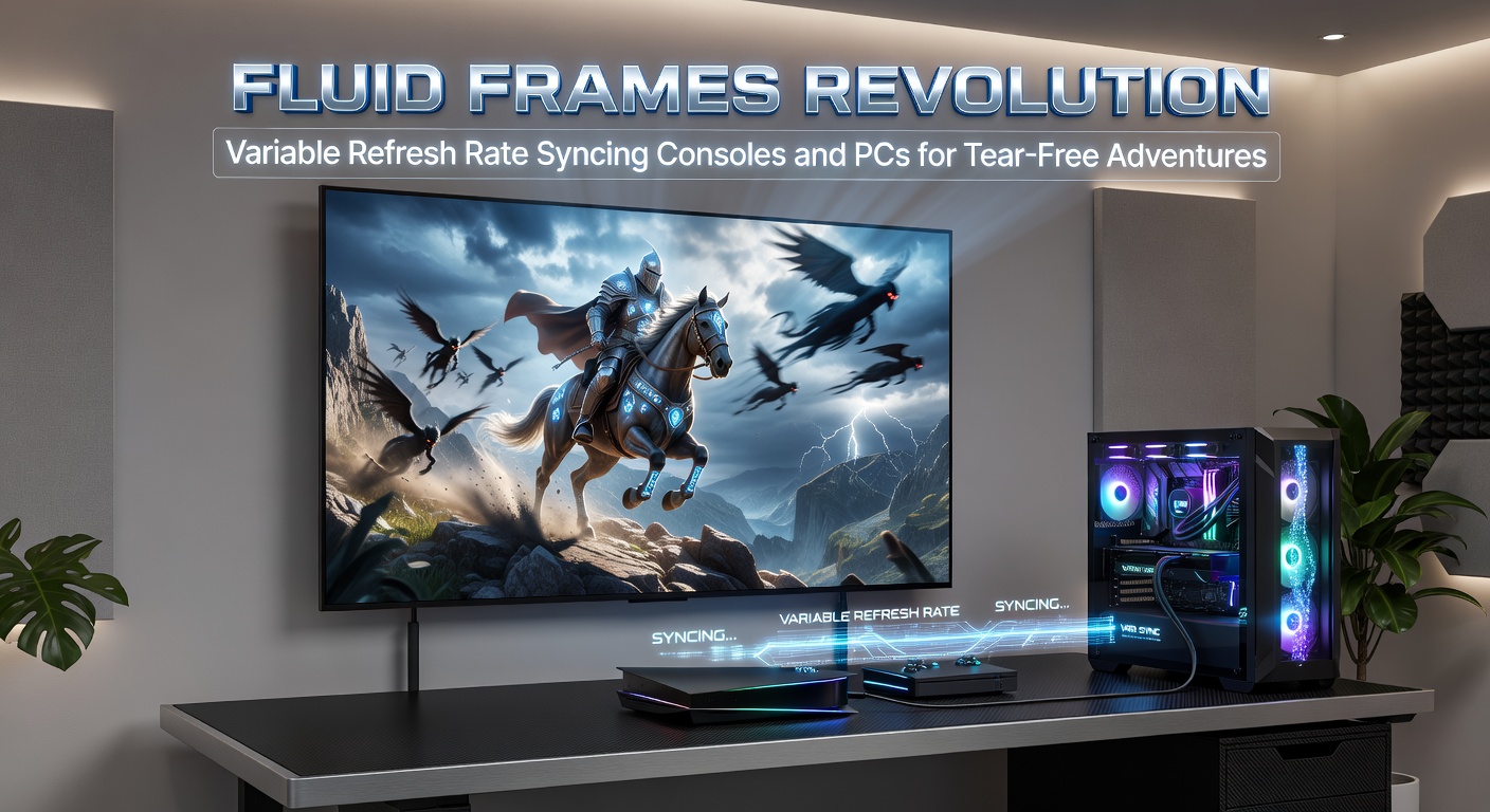 Split-screen comparison of screen tearing without VRR versus perfectly smooth gameplay with VRR active on a console-PC hybrid setup