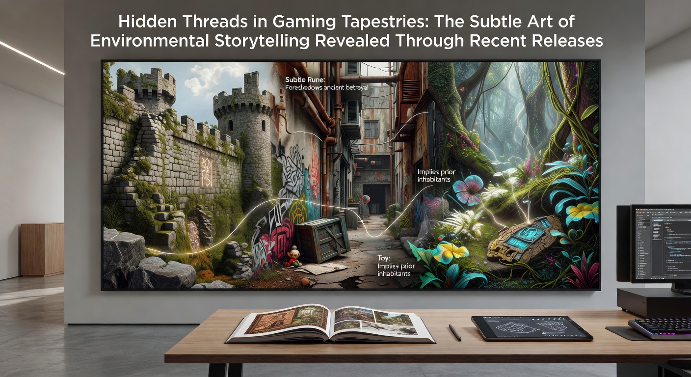 Intricate environmental details in a post-apocalyptic cityscape from a 2025 open-world title showing layered narrative clues through debris and architecture
