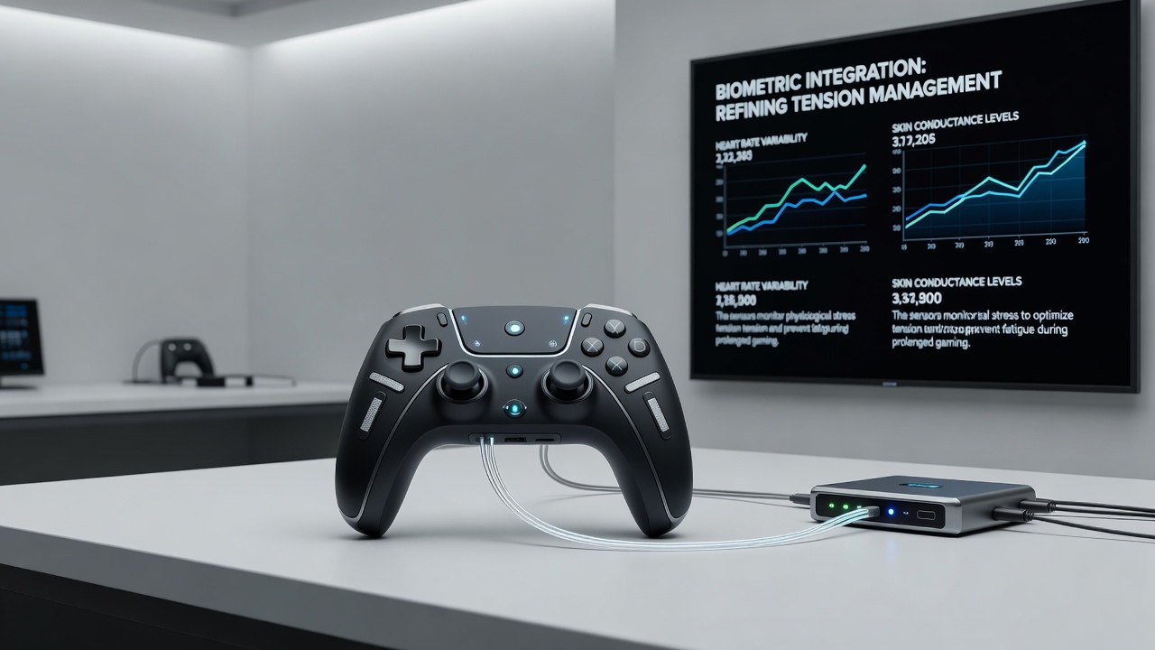 Split view showing a player gripping a biometric-enabled controller while navigating a tense survival environment on both console and PC setups