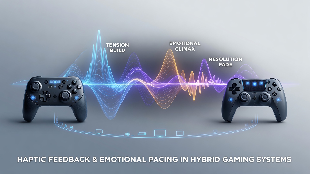 Close-up of a hybrid controller displaying varied haptic feedback zones during an emotional narrative scene