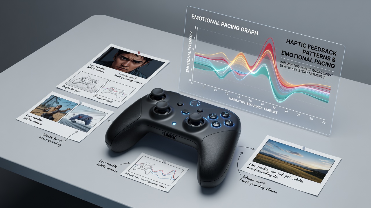 Split view showing portable hybrid mode and home console setup with haptic intensity graphs overlaid on narrative scenes