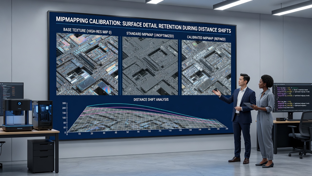 Comparison of calibrated versus standard mipmapping results on distant surfaces in a simulation scene