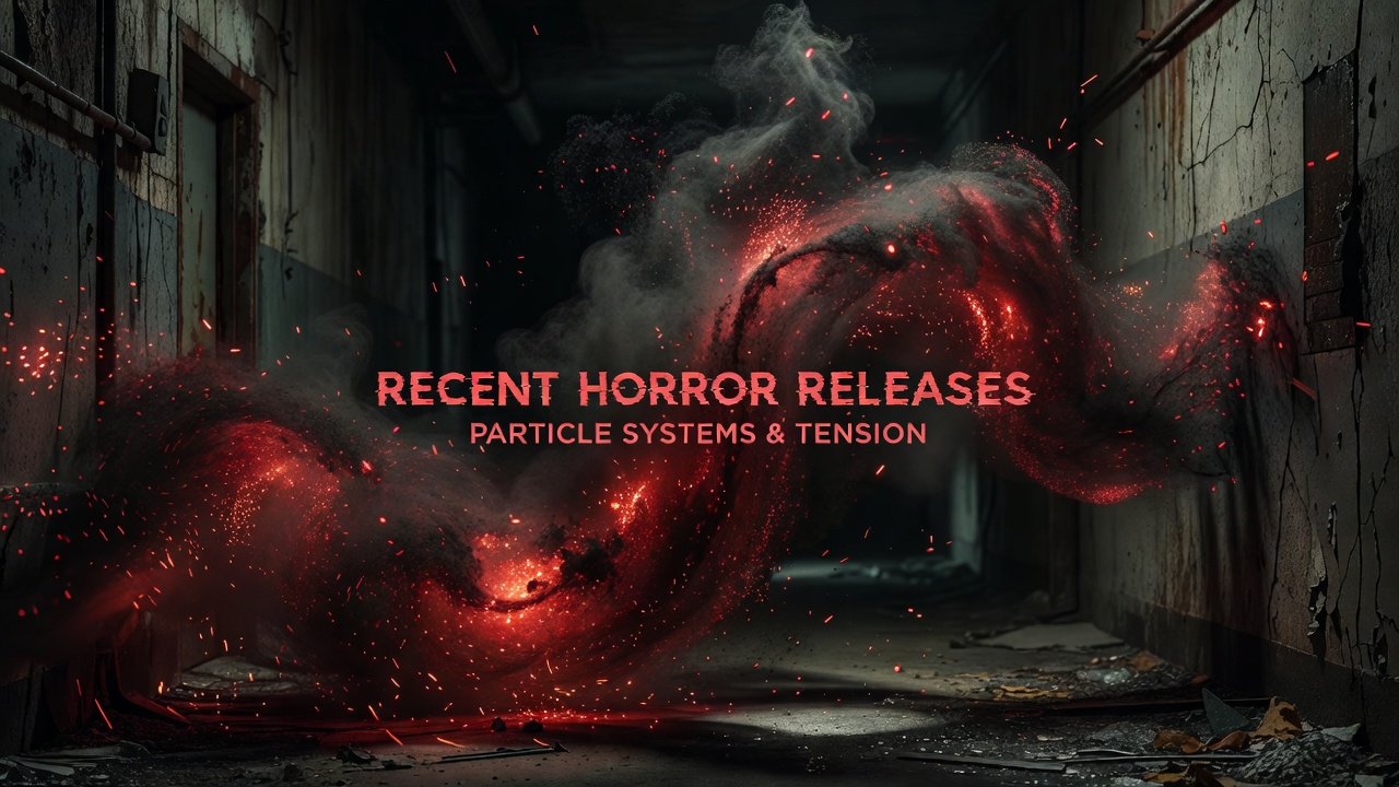 Particle effects creating dense fog and floating dust in a dimly lit horror game environment