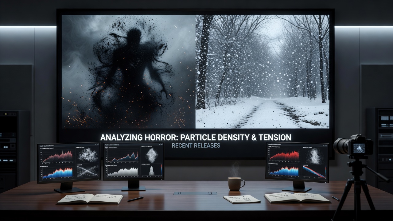 Close-up of dense particle fog and embers obscuring a horror scene interior