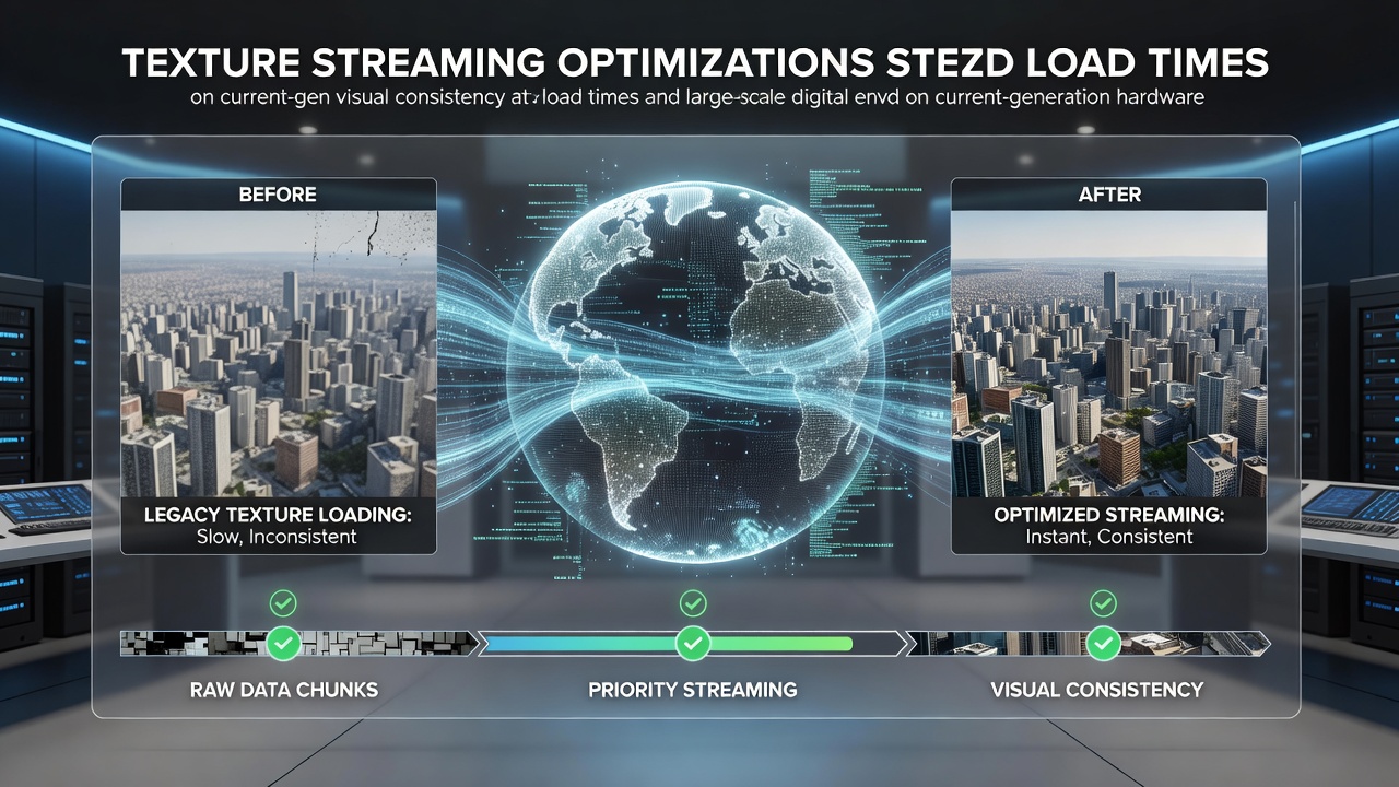 Texture streaming visualization showing high-resolution assets loading seamlessly in an expansive open-world environment on current-generation consoles and PCs