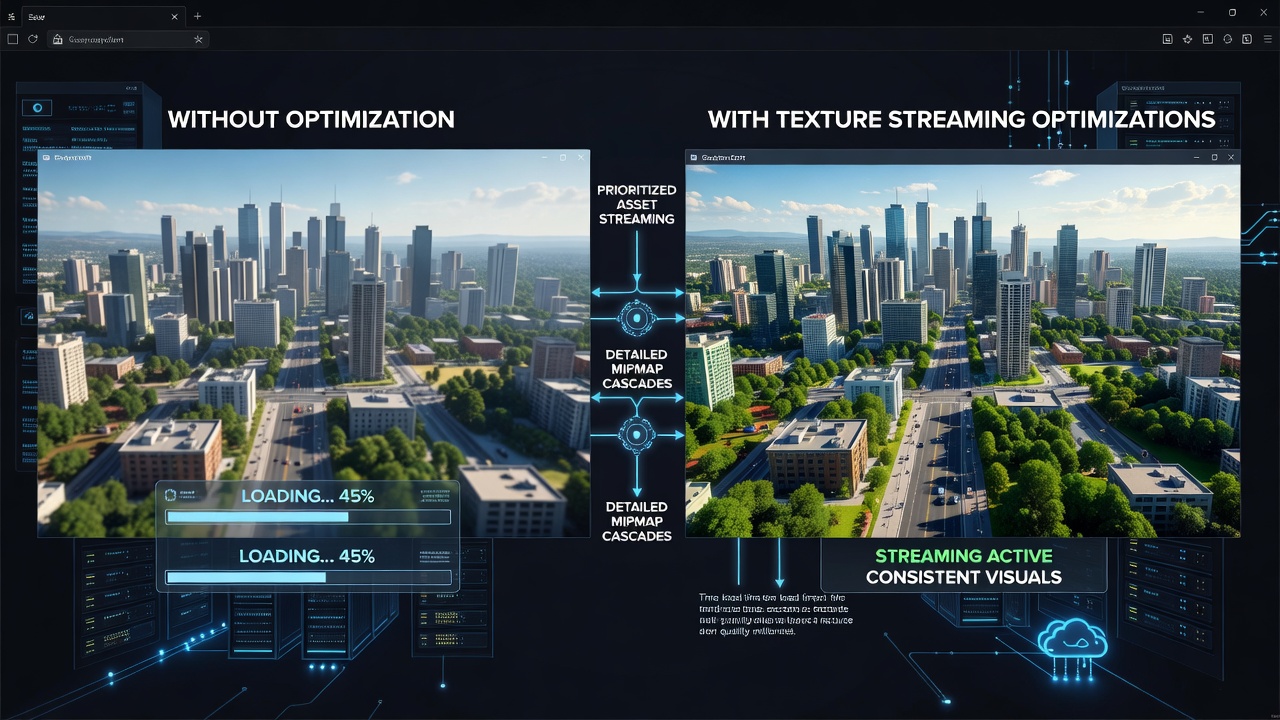 Comparison of texture pop-in reduction in large digital environments before and after streaming optimizations on PS5 and Xbox Series X hardware