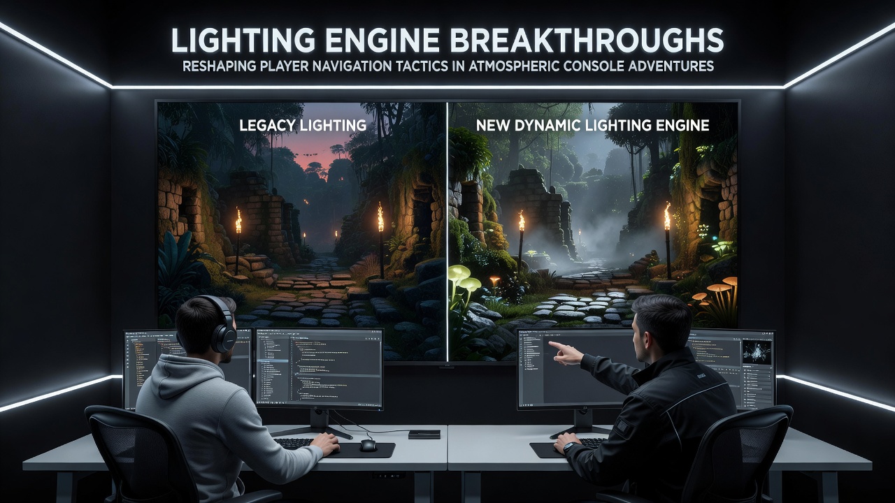 Dynamic shadows and light beams guiding exploration through a dimly lit abandoned structure in a console adventure title