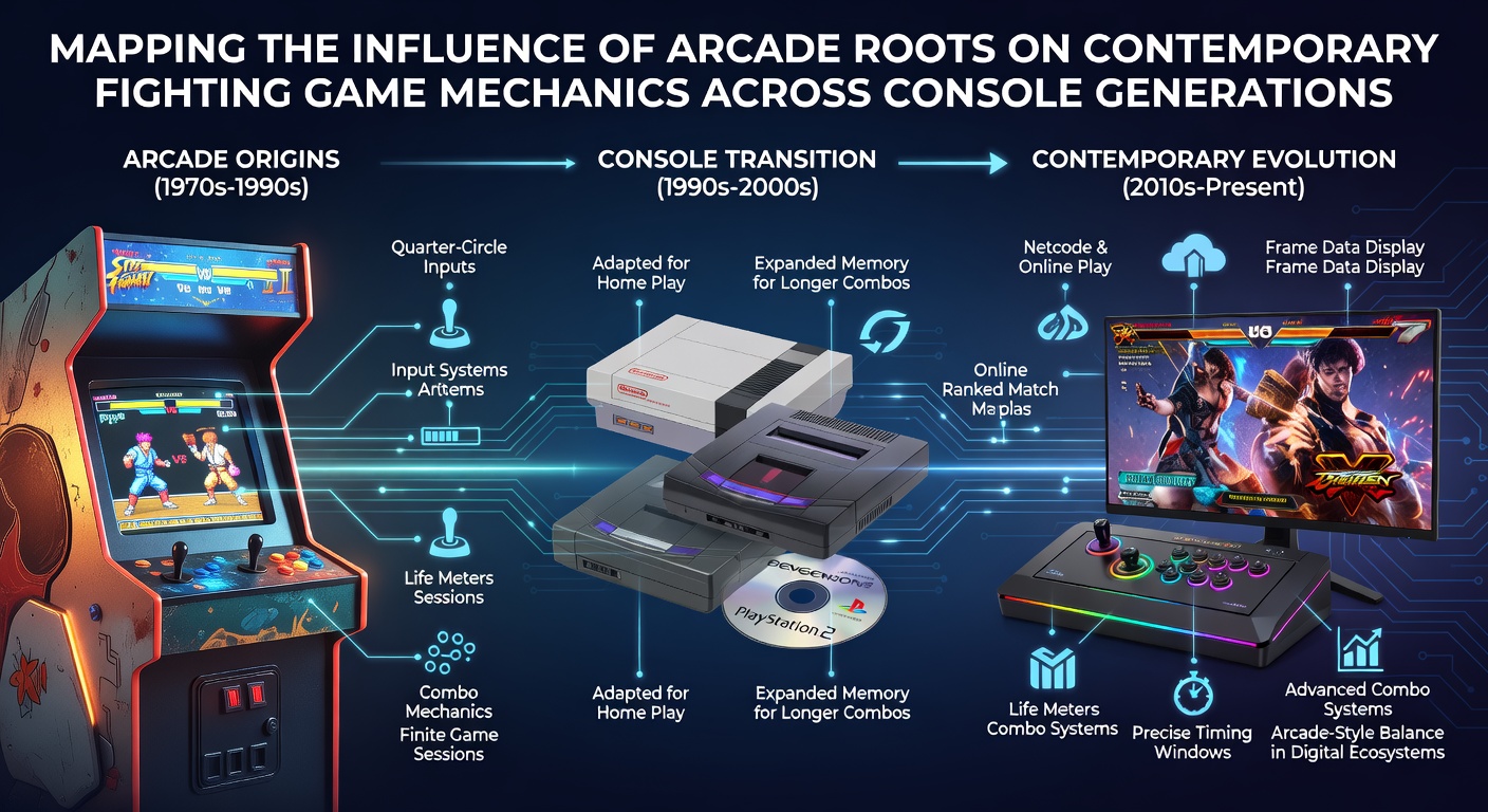 Arcade cabinet and modern console fighting game setup showing classic controls evolving into contemporary mechanics