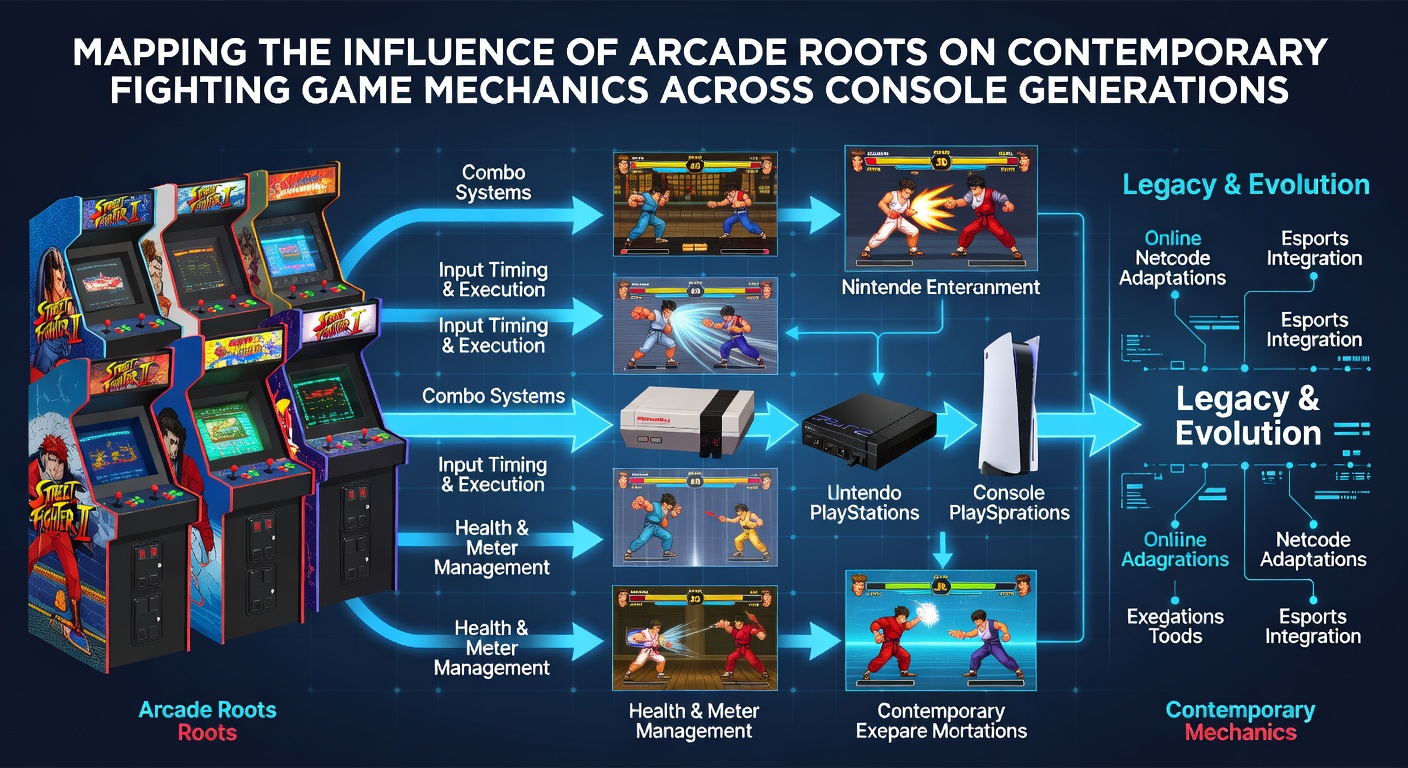 Evolution of fighting game controllers from arcade sticks to modern console pads across generations