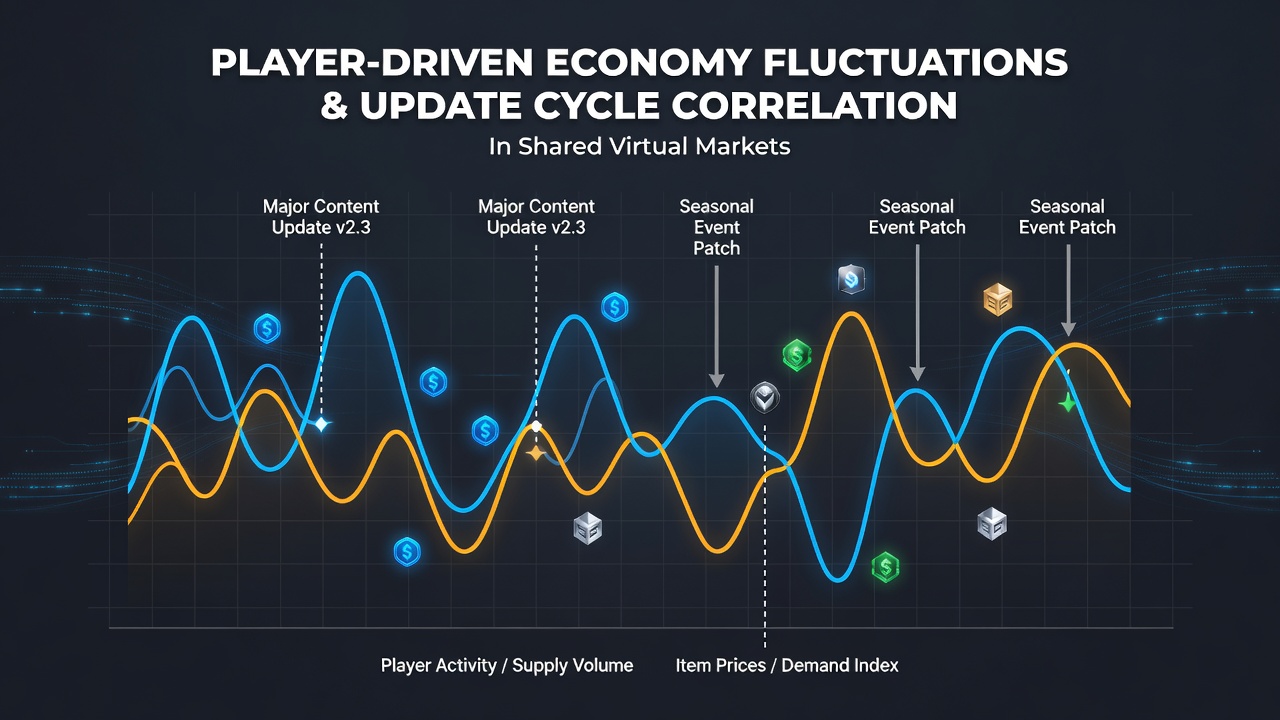 Graphs and charts displaying economic data trends tied to game update timelines in virtual marketplaces