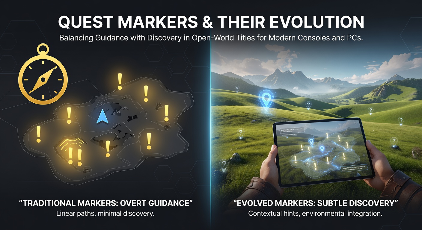 Visual representation of quest markers evolving across open-world game interfaces on consoles and PCs