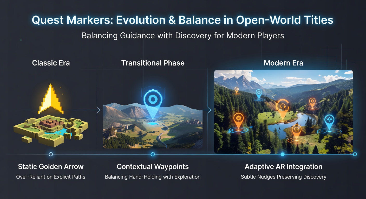 Comparison of quest marker styles in recent open-world titles for current-generation consoles and PCs