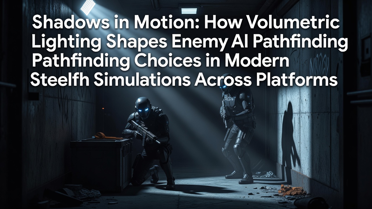 Volumetric lighting beams cutting through a dark corridor in a stealth simulation, highlighting how light volumes alter enemy navigation grids