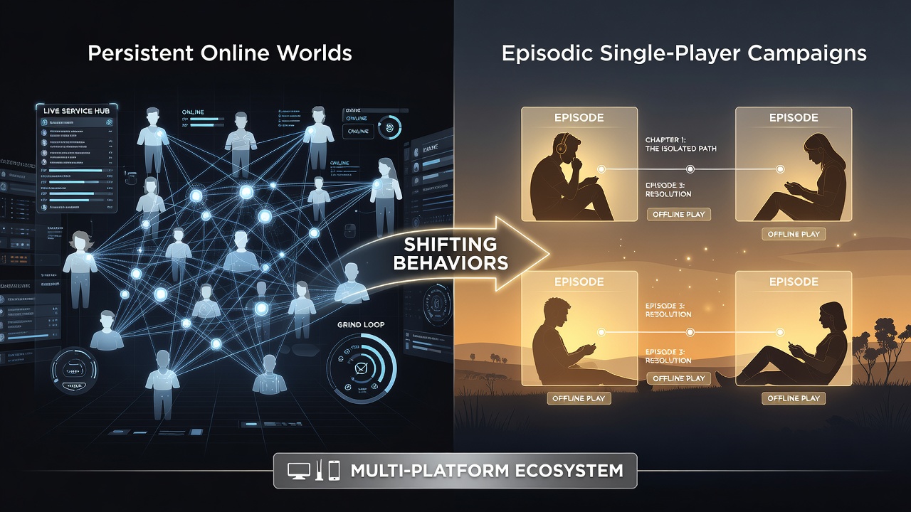 Cross-platform episodic gameplay session displayed across console, PC, and handheld screens highlighting narrative progression tracking