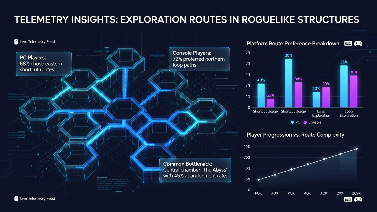 Telemetry heatmaps showing player exploration paths in roguelike levels on PC and console