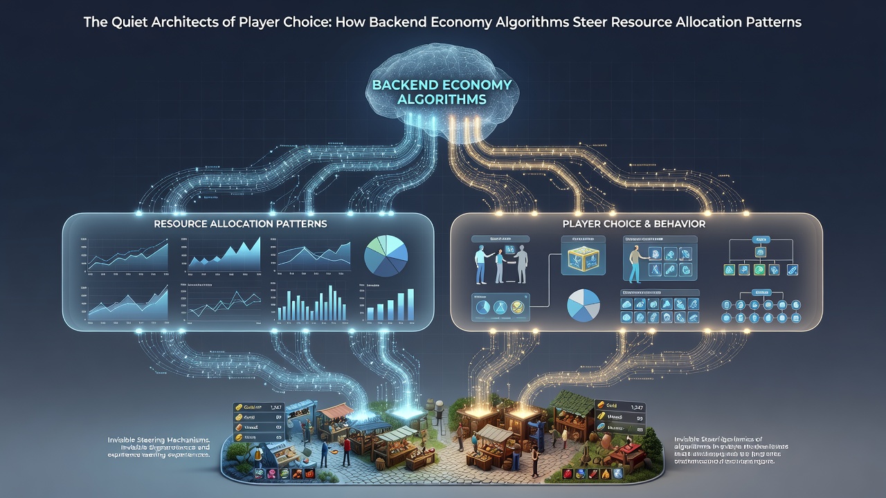 Network diagram showing algorithm-driven resource flow between game servers and player economies