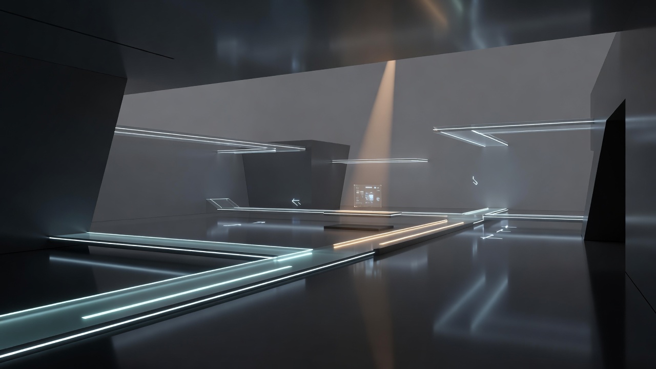 Dynamic shadows and colored lighting highlighting pathways in an expansive open-world digital environment