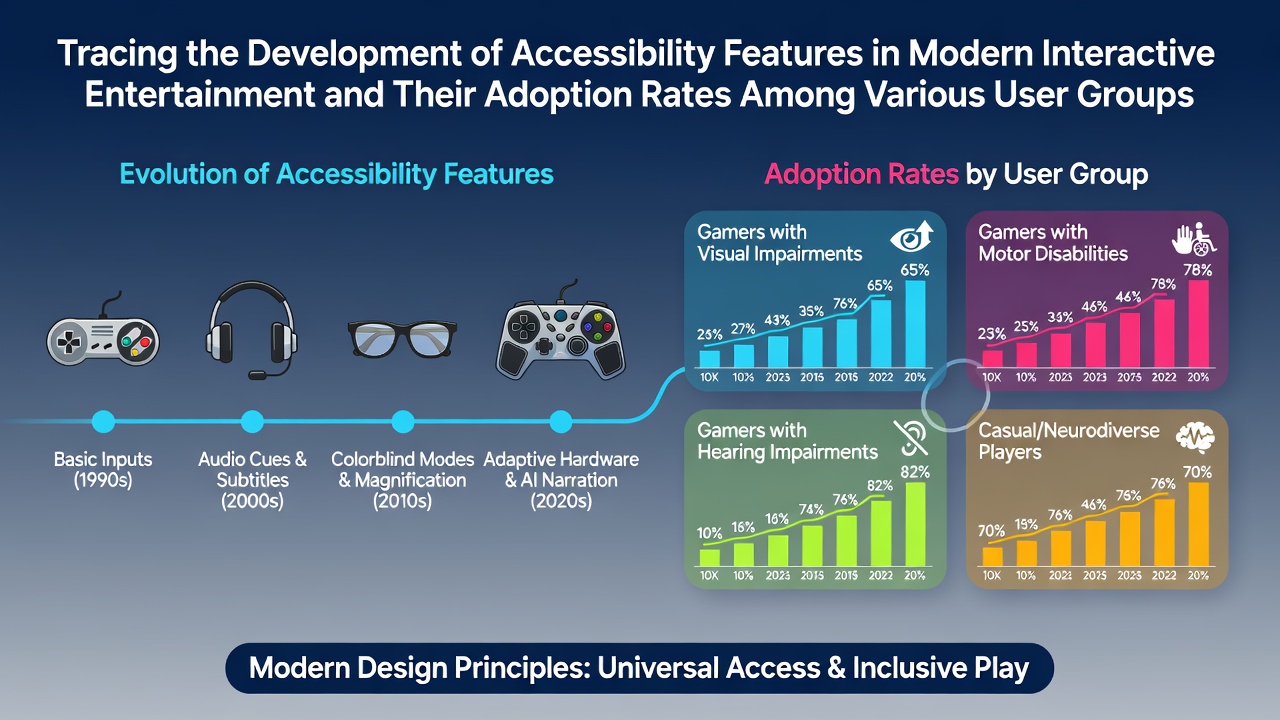 Timeline infographic showing the evolution of accessibility features in video games from the 1990s to 2026 across major platforms