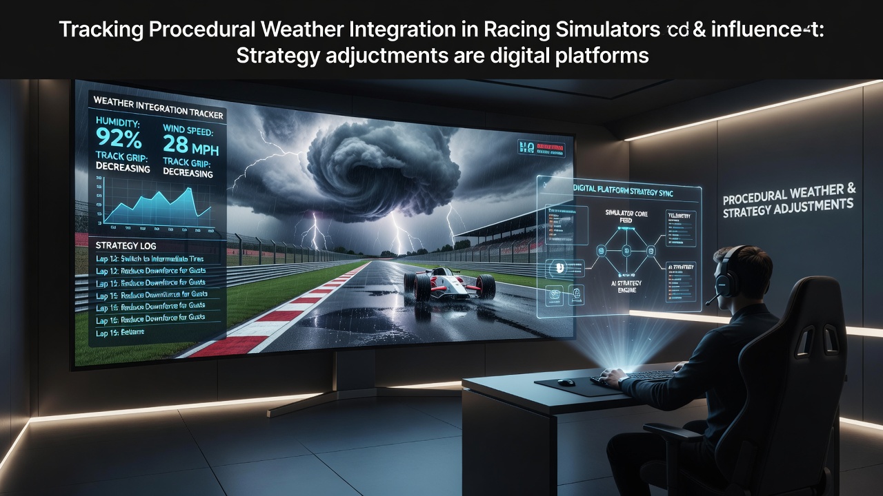 Racing simulator cockpit view showing dynamic rain effects on track surface with tire wear indicators visible on digital dashboard