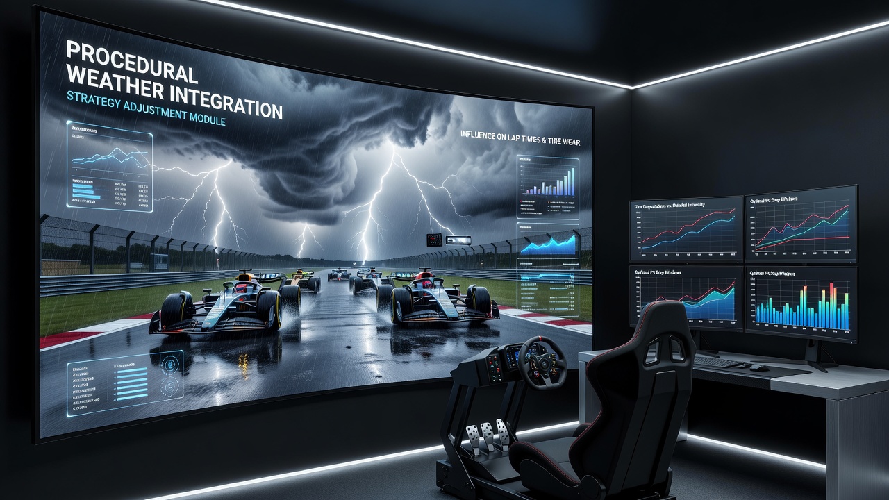 Split screen comparison of dry versus wet track conditions in a racing simulator with strategy overlay showing tire selection options